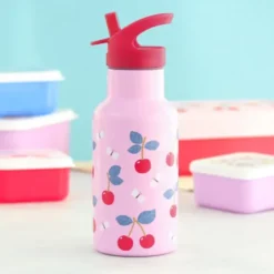 Kindertrinkflasche 0,35 l rosa mit Kirschen Motiv - Edelstahlflasche doppelwandig mit Strohhalm & Sporttrinkverschluss