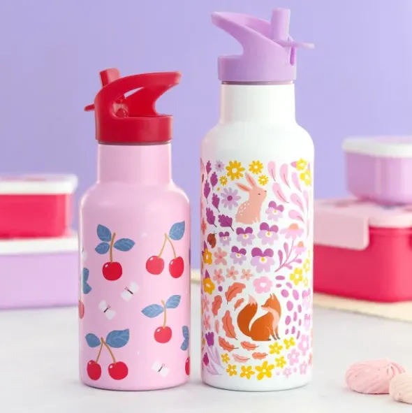 Kindertrinkflasche 0,35 l rosa mit Kirschen Motiv - Edelstahlflasche doppelwandig mit Strohhalm & Sporttrinkverschluss