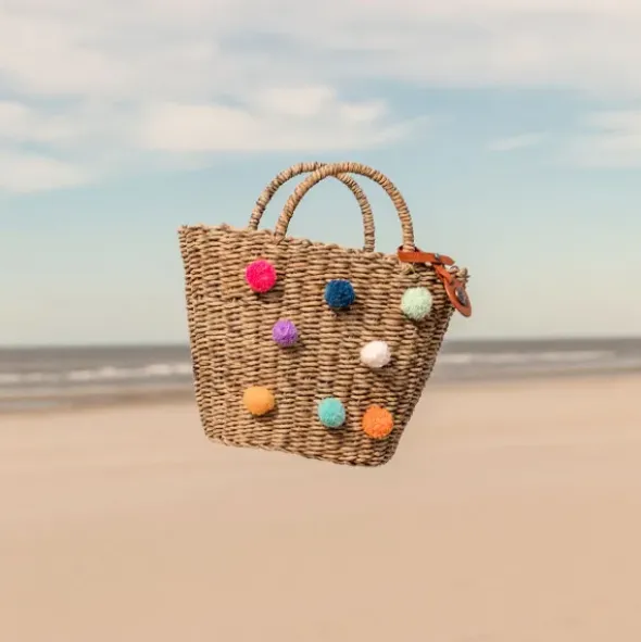 Korbtasche geflochten SOFIA Pompoms - Design Handtasche S