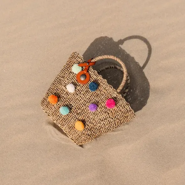 Korbtasche geflochten SOFIA Pompoms - Design Handtasche S