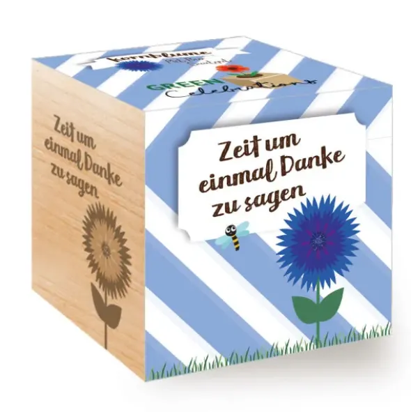 Kornblume im Holzwürfel - Danke