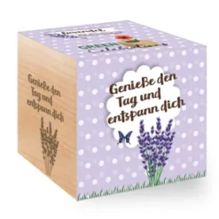 Lavendel im Holzwürfel - Genieße den Tag und entspann dich, personalisiert