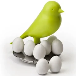 Magnethalter Vogel grün mit 8 Eier-Magneten weiß – Egg Sparrow