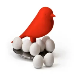 Magnethalter Vogel rot mit 8 Eier-Magneten weiß – Egg Sparrow