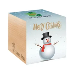 Merry Christmas Schneemann ecocube, Baum im Holzwürfel