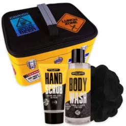 Männer Geschenkset mit Duschgel, Handpeeling & Netzschwamm in witziger Thermotasche