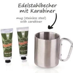 Männer Pflegeset Adventure – Geschenkset Edelstahlbecher mit Karabinergriff, Duschgel & Aftershave