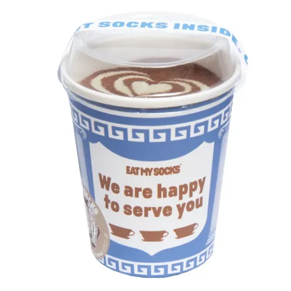 Motivsocken kariert blau weiß – im Coffee to go Becher mit griechischem Design
