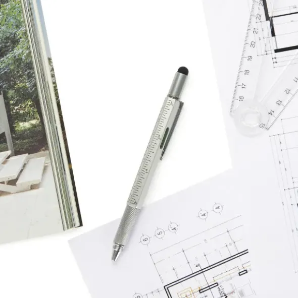 Multifunktionsstift The Architekt silber - Kugelschreiber mit Wasserwaage, Stylus, Bits & Lineal
