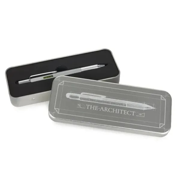 Multifunktionsstift The Architekt silber - Kugelschreiber mit Wasserwaage, Stylus, Bits & Lineal