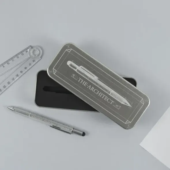 Multifunktionsstift The Architekt silber - Kugelschreiber mit Wasserwaage, Stylus, Bits & Lineal