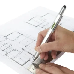 Multifunktionsstift The Architekt silber - Kugelschreiber mit Wasserwaage, Stylus, Bits & Lineal