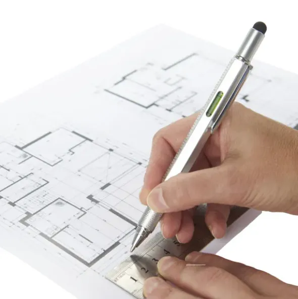 Multifunktionsstift The Architekt silber - Kugelschreiber mit Wasserwaage, Stylus, Bits & Lineal