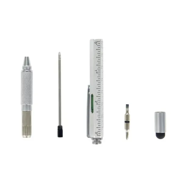 Multifunktionsstift The Architekt silber - Kugelschreiber mit Wasserwaage, Stylus, Bits & Lineal