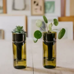 Pflanzgefäß selbstbewässernd aus Glas grün - self watering bottle mit Wasserresservoir & Dochtbewässung