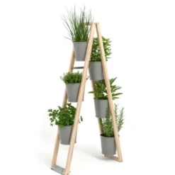 Pflanzleiter aus Holz – Blumenleiter mit schwenkbaren Pflanztöpfen steingrau