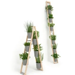 Pflanzleiter aus Holz – Blumenleiter mit schwenkbaren Pflanztöpfen steingrau