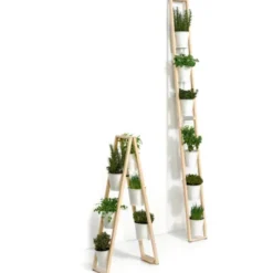 Pflanzleiter aus Holz – Blumenleiter mit schwenkbaren Pflanztöpfen weiß