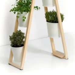 Pflanzleiter aus Holz – Blumenleiter mit schwenkbaren Pflanztöpfen weiß