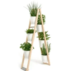 Pflanzleiter aus Holz – Blumenleiter mit schwenkbaren Pflanztöpfen weiß