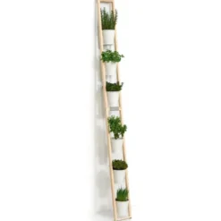 Pflanzleiter aus Holz – Blumenleiter mit schwenkbaren Pflanztöpfen weiß