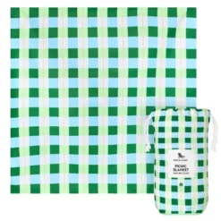 Picknick- und Stranddecke L 170 x 170 cm mit Beutel – schnelltrocknend & leicht, grün-blau kariert