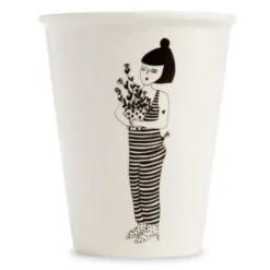 Porzellanbecher weiß - Motiv Frau mit Blumen