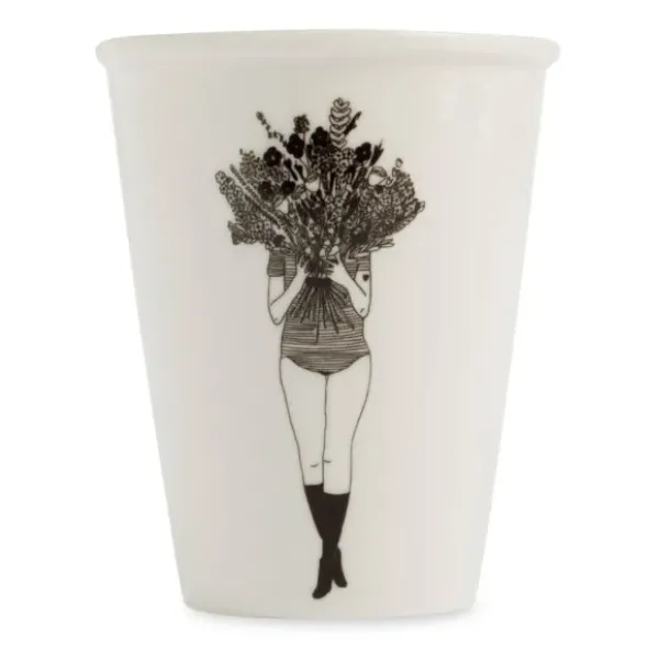 Porzellanbecher weiß - Motiv Frau mit Blumenstrauß "Flower girl"
