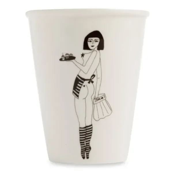 Porzellanbecher weiß - Motiv Pin-up Frau mit Kuchen "Pin-up cake girl"
