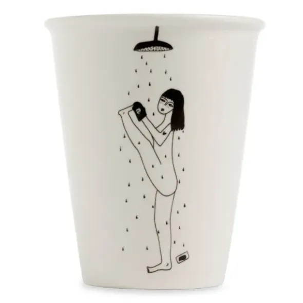 Porzellanbecher weiß - Motiv Yoga-Frau unter Dusche "Yoga in the shower"