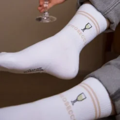 Prosecco Socken Gr. 40-43 - weiße Motivsocken mit gesticktem Prosecco-Glas und Schriftzug