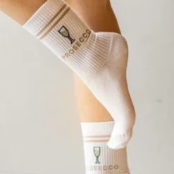 Prosecco Socken Gr. 40-43 - weiße Motivsocken mit gesticktem Prosecco-Glas und Schriftzug
