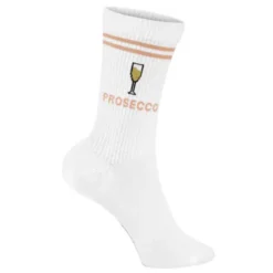 Prosecco Socken Gr. 36-39 - weiße Motivsocken mit gesticktem Prosecco-Glas und Schriftzug