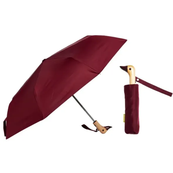 Regenschirm dunkelrot mit Entenkopf Griff aus Holz - Original Duckhead Taschenschirm