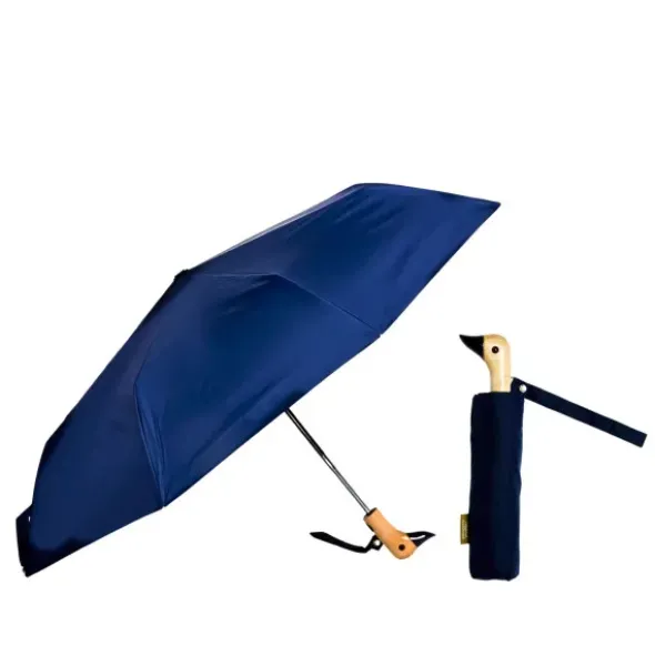 Regenschirm mit Entenkopf Griff aus Holz dunkelblau - Original Duckhead Taschenschirm