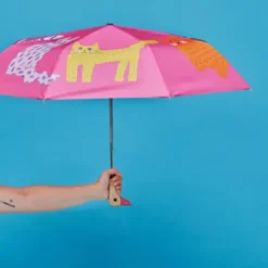 Regenschirm mit Entenkopf Griff aus Holz & Katzenmotiv rosa - Original Duckhead Taschenschirm
