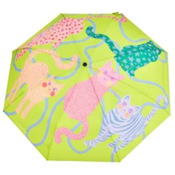 Regenschirm mit Entenkopf Griff aus Holz & Katzenmotiv grün - Original Duckhead Taschenschirm