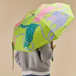 Regenschirm mit Entenkopf Griff aus Holz & Katzenmotiv grün - Original Duckhead Taschenschirm