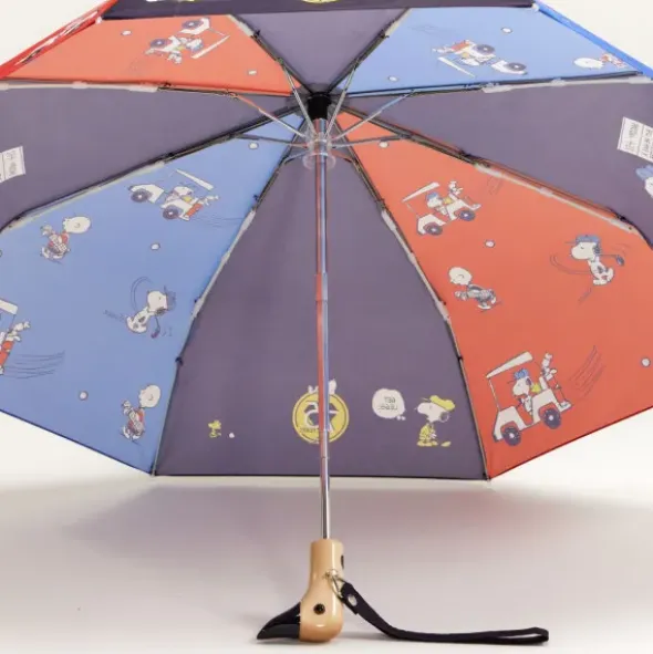 Regenschirm mit Entenkopf Griff aus Holz & Snoopy Motiv Golfspieler - Original Duckhead Taschenschirm