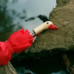 Regenschirm rot mit Entenkopf Griff aus Holz - Original Duckhead Taschenschirm