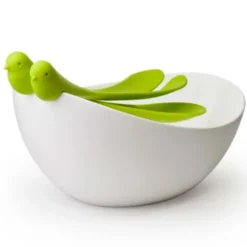 Salatschale mit Vogel Salatbesteck grün