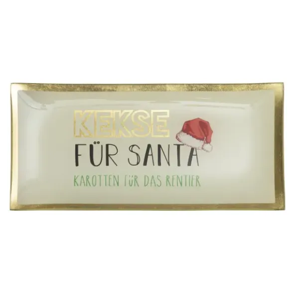 Schmuckablage Kekse für Santa aus Glas – eckiger Weihnachts-Dekoteller mit Goldrand
