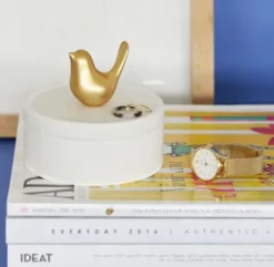 Schmuckdose Vogel - Keramik weiß, matt gold