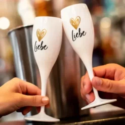 Sektglas LIEBE HERZ gold - weißes Kunststoff Champagnerglas mit Botschaft