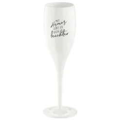 Sektglas MIT HUMOR LEBT ES SICH LEICHTER - weißes Kunststoff Champagnerglas mit Botschaft