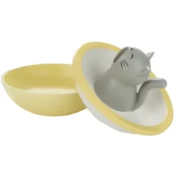 Snackschale hungrige Katze mit Abfallfunktion, Keramik gelb