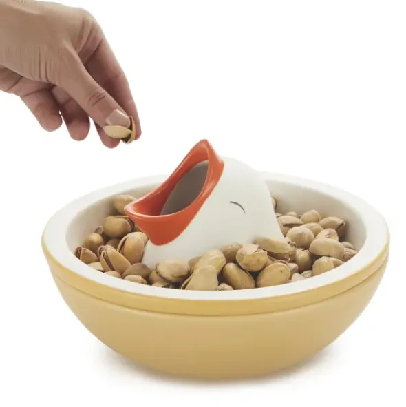 Snackschale hungriger Vogel mit Abfallfunktion, Keramik gelb