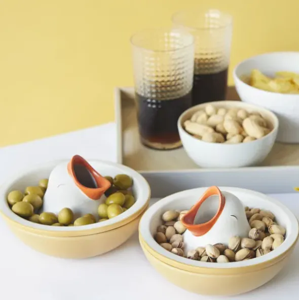 Snackschale hungriger Vogel mit Abfallfunktion, Keramik gelb