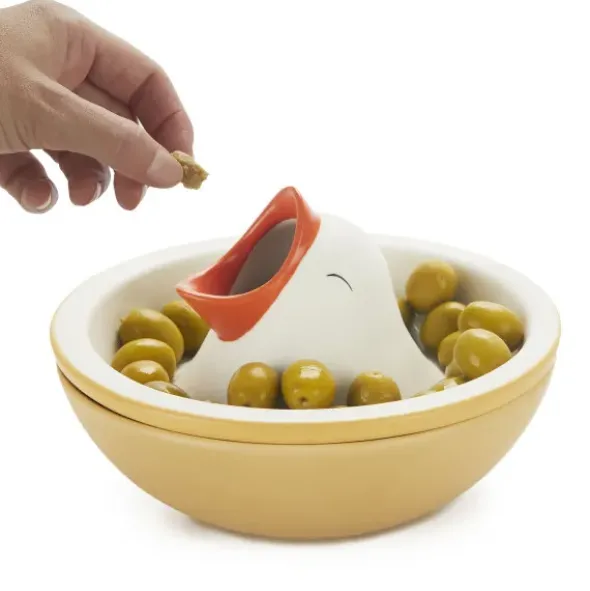 Snackschale hungriger Vogel mit Abfallfunktion, Keramik gelb