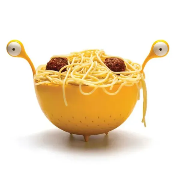 Spaghettisieb Monster – gelbes Nudelsieb mit witzigem Design